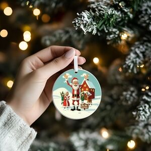 Festive Santa and Reindeer Christmas Ornament 2.9 In Ceramic
